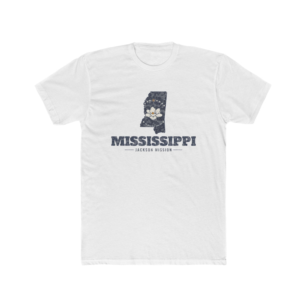 Mississippi Jackson Mission Flag Map shirt in White: Mississippi state flag in the outline of Mississippi with navy lettering, front view