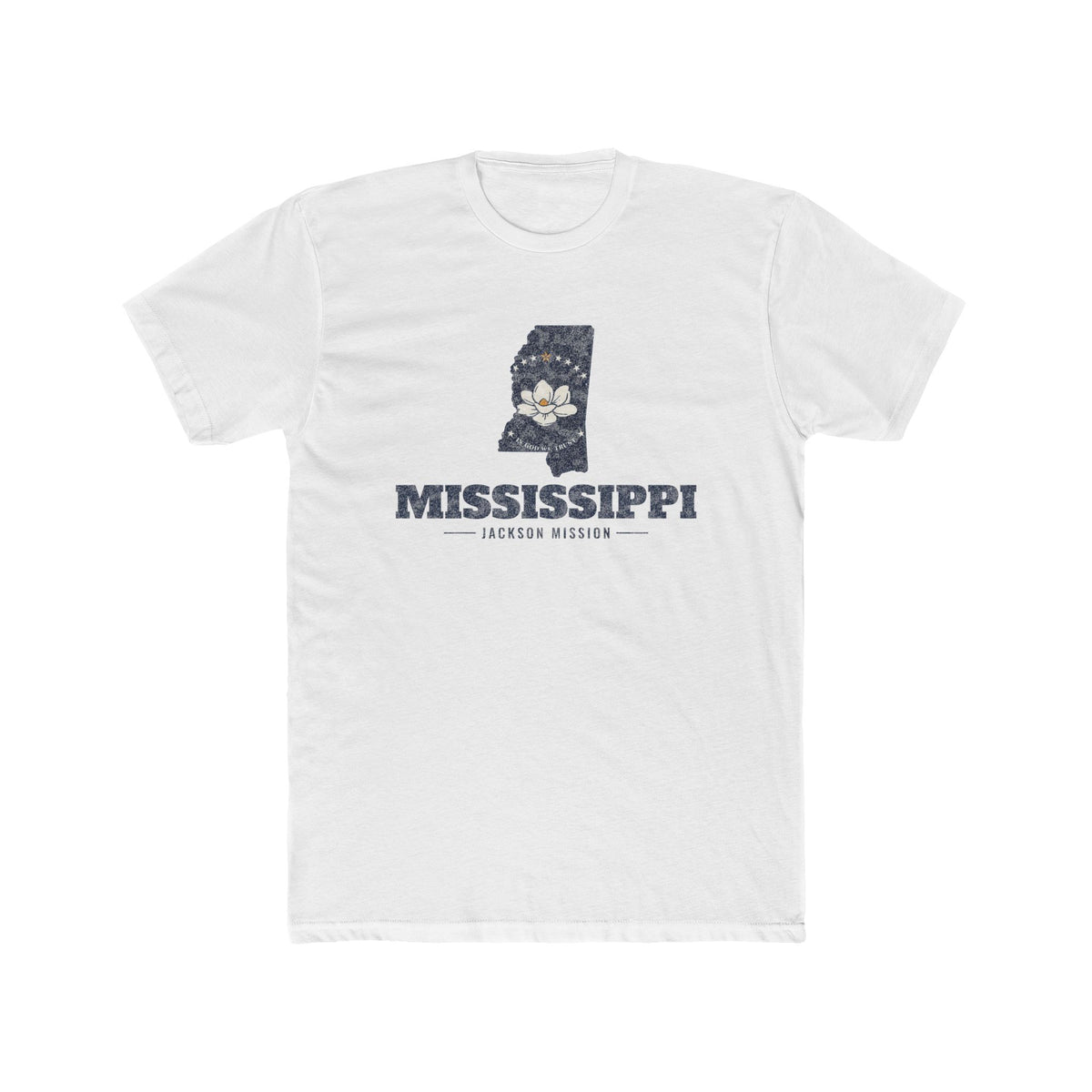 Mississippi Jackson Mission Flag Map shirt in White: Mississippi state flag in the outline of Mississippi with navy lettering, front view