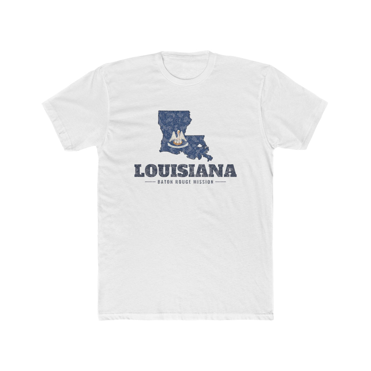 Louisiana Baton Rouge Mission Flag Map shirt in White: Louisiana state flag in the outline of Louisiana with navy lettering, front view