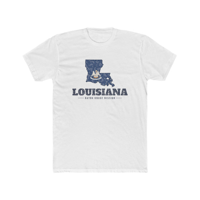 Louisiana Baton Rouge Mission Flag Map shirt in White: Louisiana state flag in the outline of Louisiana with navy lettering, front view