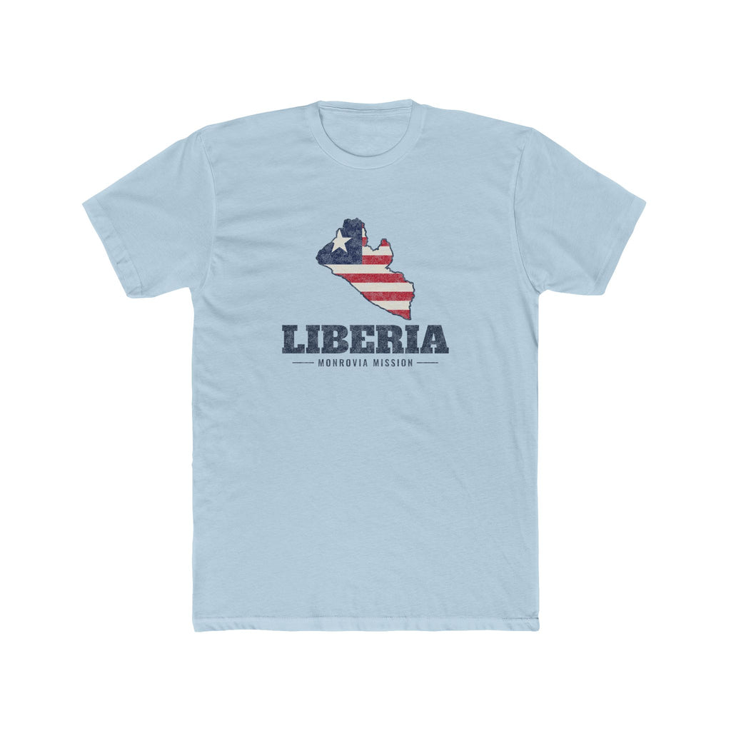 Liberia Monrovia Mission Flag Map shirt in Desert Pink: flag of Liberia in the outline of Liberia with navy lettering, front view