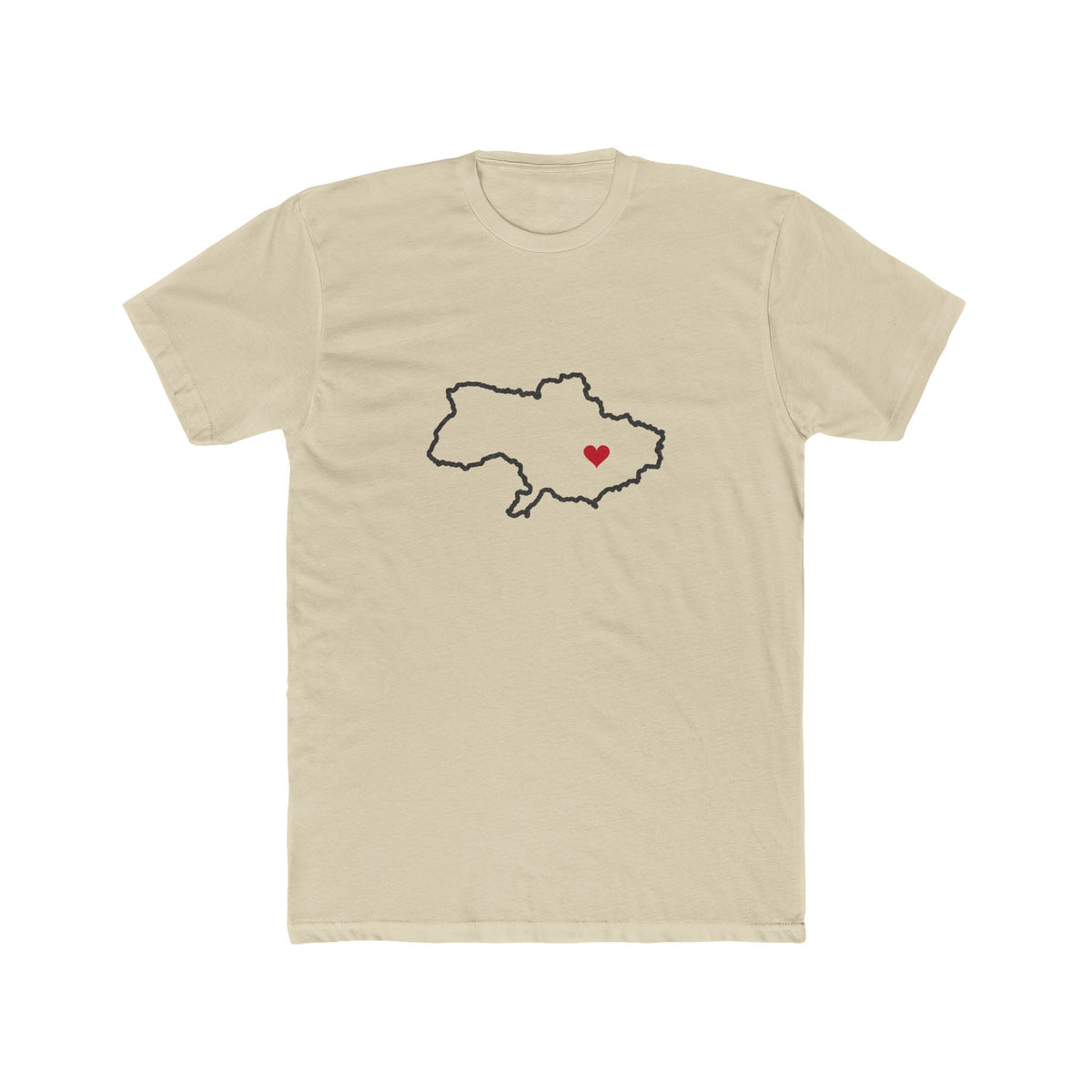 Ukraine Dnipro Mission Heart Map shirt in Cream: Ukraine outline with a red heart, front view