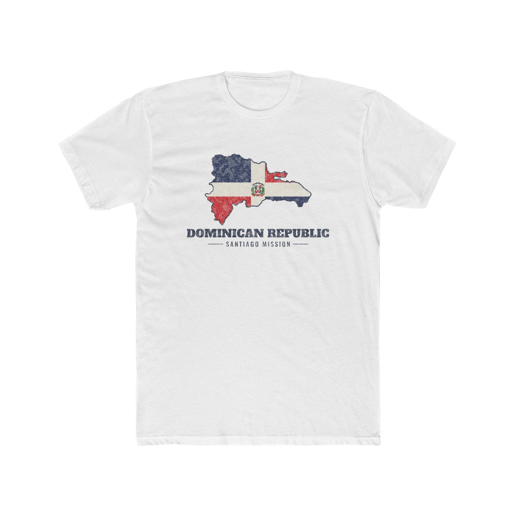Dominican Republic Santiago Mission Flag Map shirt in White: flag of the Dominican Republic in the outline of the Dominican Republic with navy lettering, front view