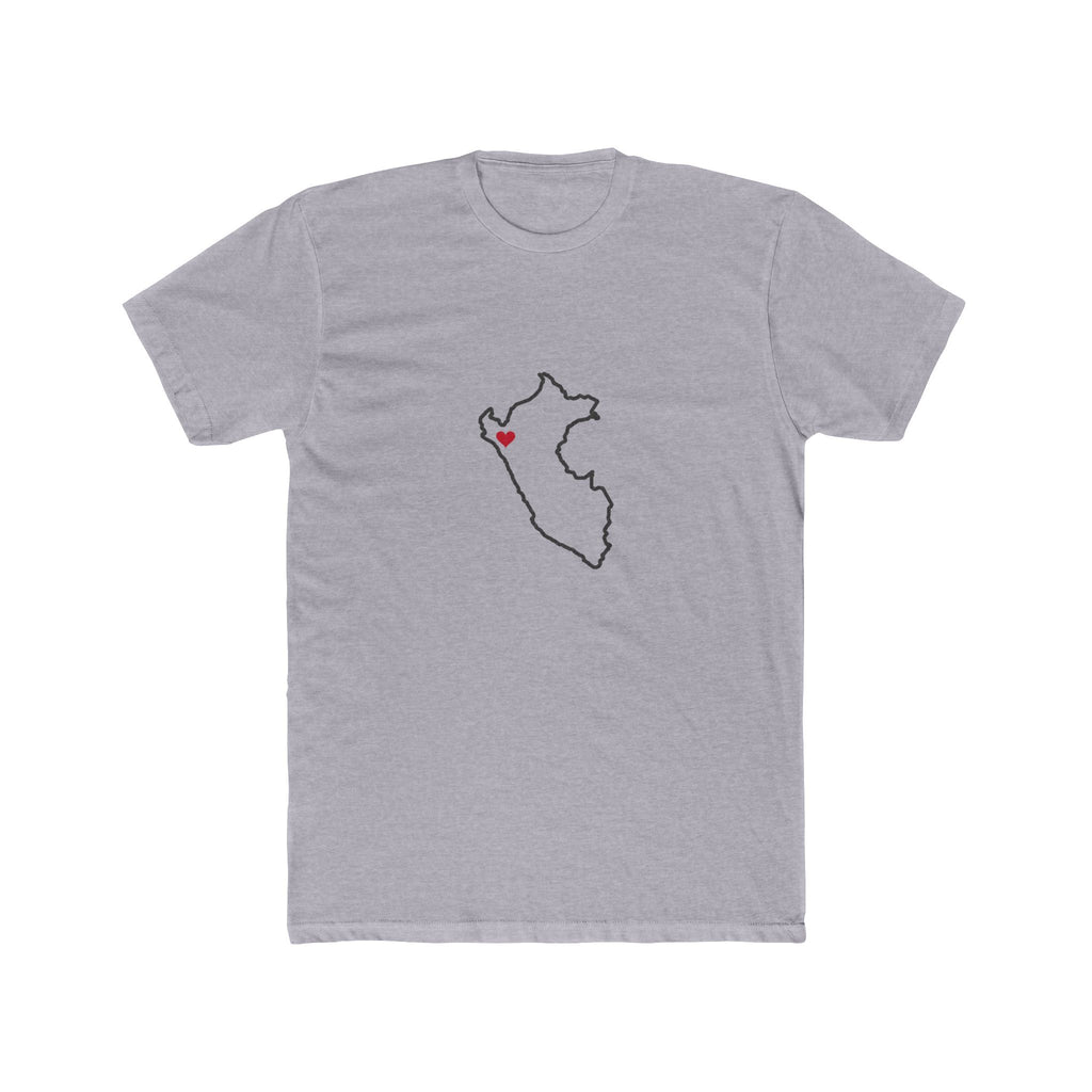 Peru Piura Mission Heart Map shirt in Heather Grey: Peru outline with a red heart, front view