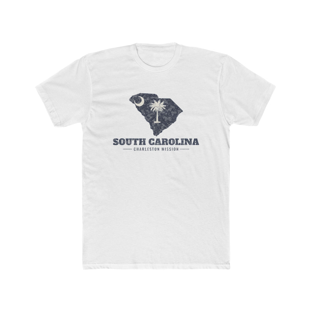 South Carolina Charleston Mission Flag Map shirt in White: South Carolina state flag in the outline of South Carolina with navy lettering, front view
