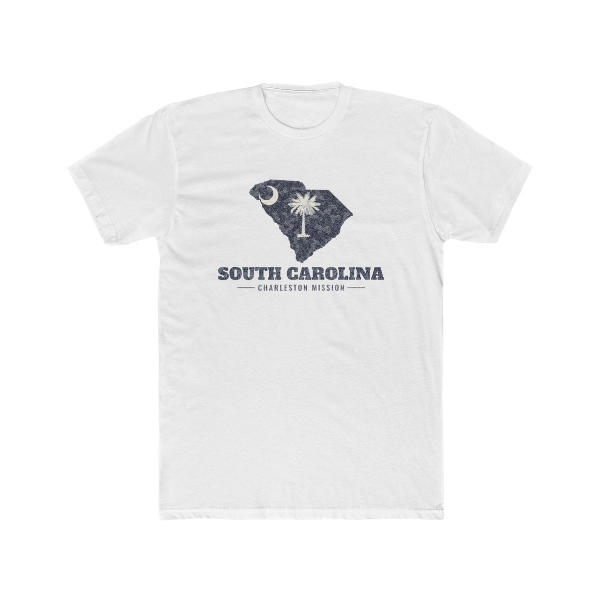 South Carolina Charleston Mission Flag Map shirt in White: South Carolina state flag in the outline of South Carolina with navy lettering, front view