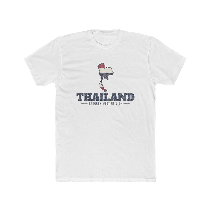 Thailand Bangkok West Mission Flag Map shirt in White: flag of Thailand in the outline of Thailand with navy lettering, front view