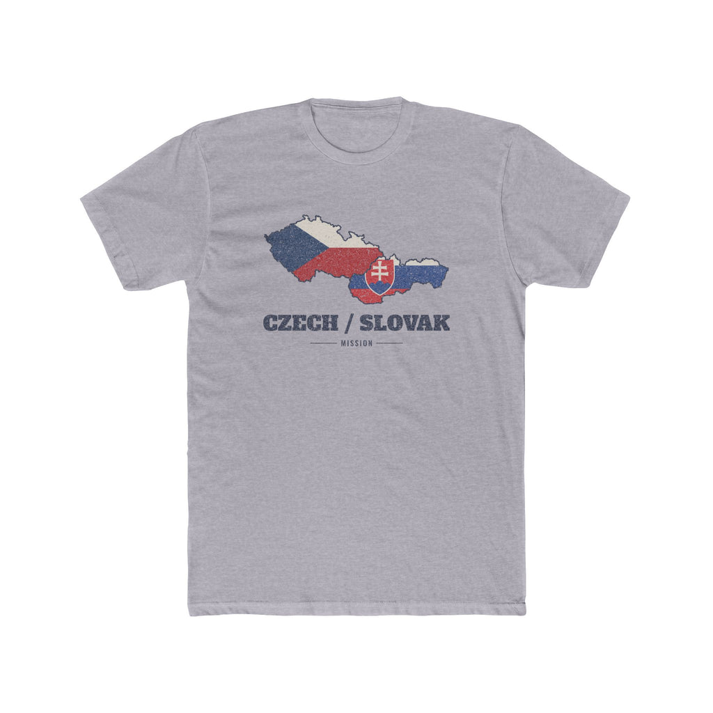Czech/Slovak Mission Flag Map shirt in Heather Grey: flags of the Czech Republic and Slovakia in their country outlines with navy lettering, front view