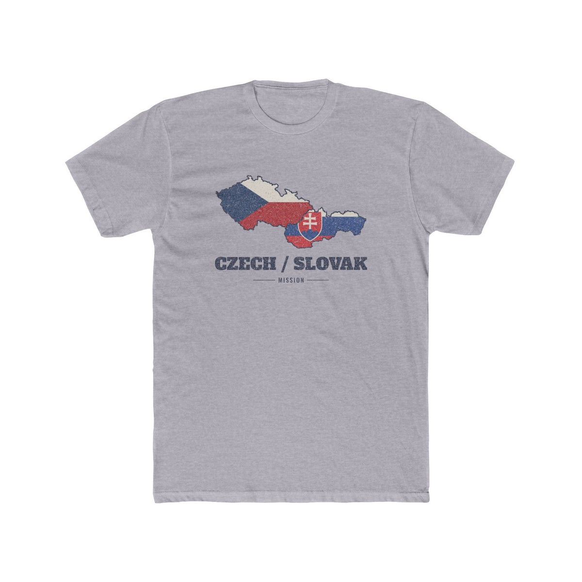 Czech/Slovak Mission Flag Map shirt in Heather Grey: flags of the Czech Republic and Slovakia in their country outlines with navy lettering, front view