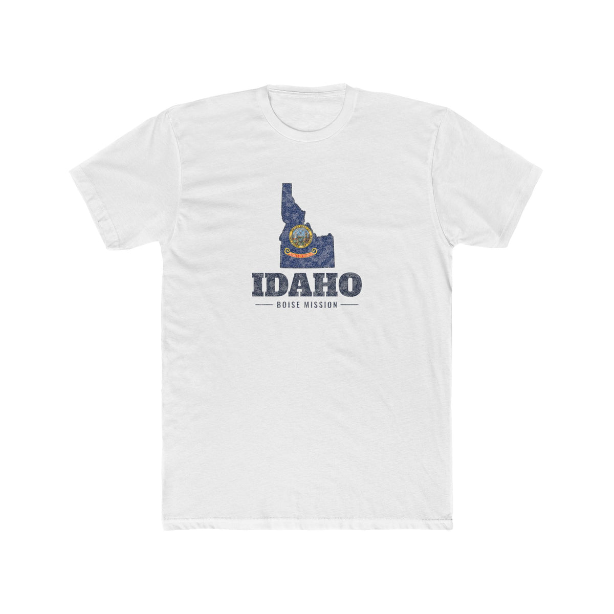 Idaho Boise Mission Flag Map shirt in White: Idaho state flag in the outline of Idaho with navy lettering, front view