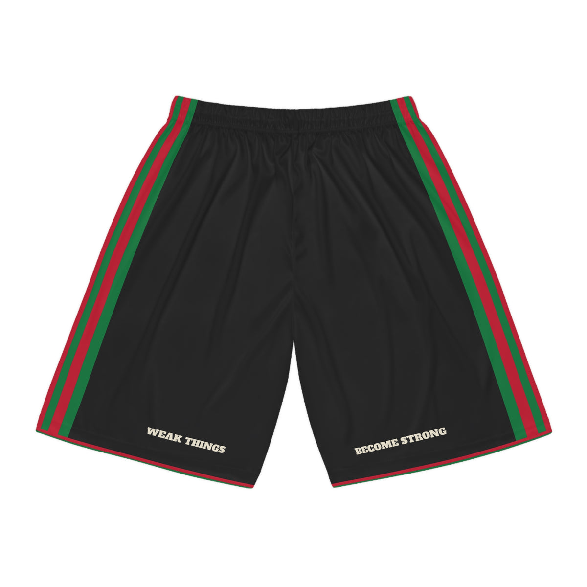 Ghana Sunyani Mission Basketball Shorts, back view with WEAK THINGS and BECOME STRONG on the legs