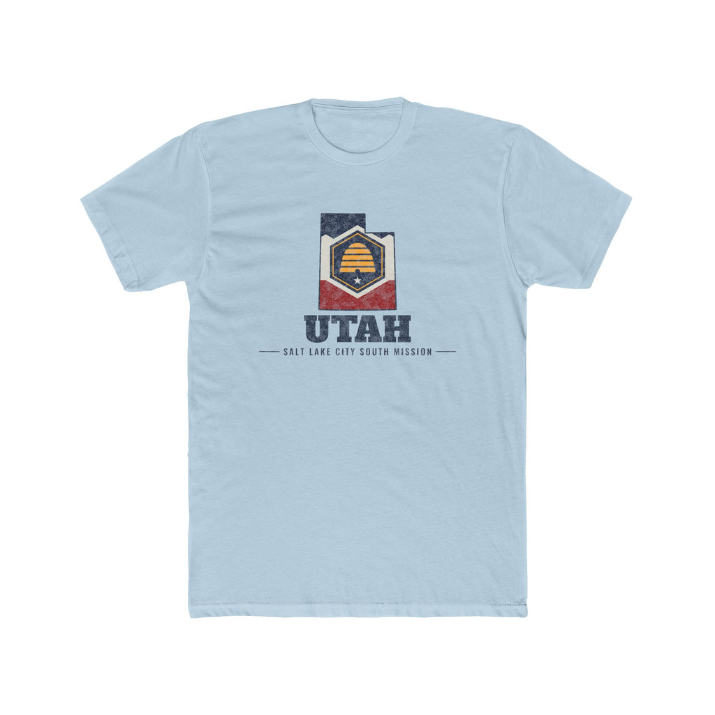 Utah Salt Lake City South Mission Flag Map shirt in Desert Pink: Utah state flag in the outline of Utah with navy lettering, front view