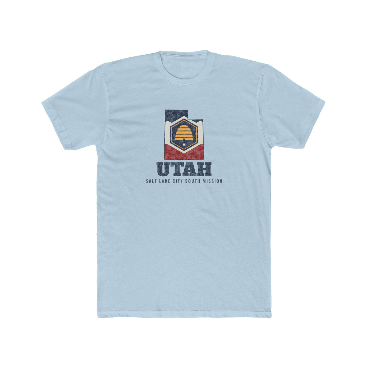 Utah Salt Lake City South Mission Flag Map shirt in Desert Pink: Utah state flag in the outline of Utah with navy lettering, front view