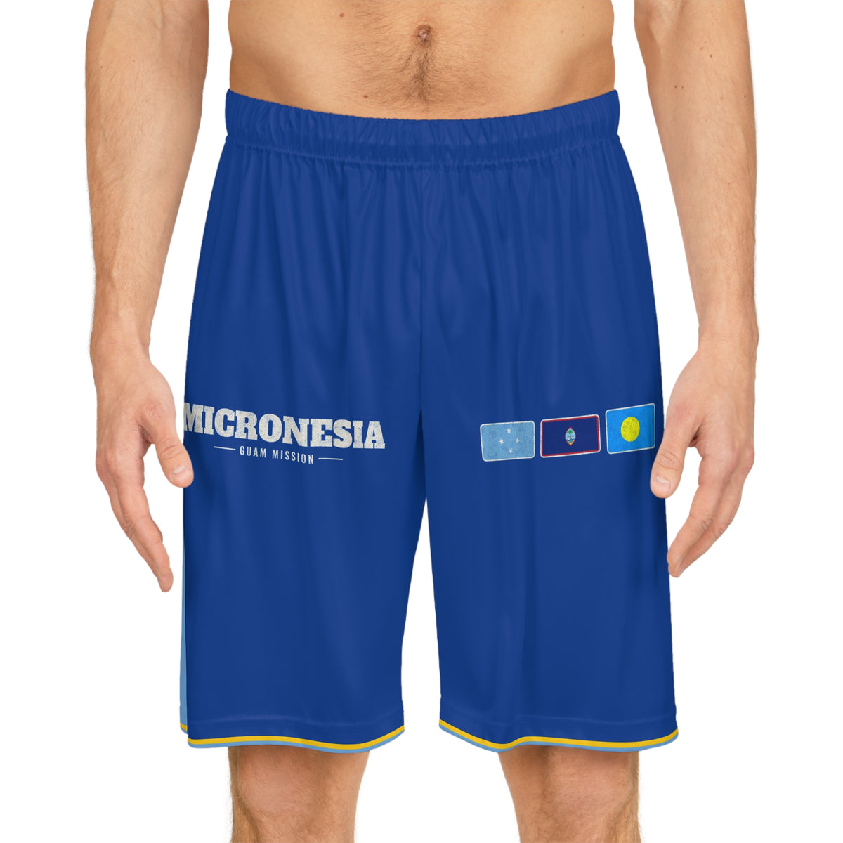 Micronesia Guam Mission Basketball Shorts, worn, front view
