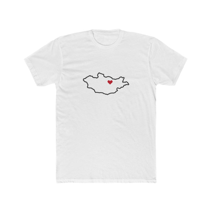 Mongolia Ulaanbaatar West Mission Heart Map shirt in White: Mongolia outline with a red heart, front view