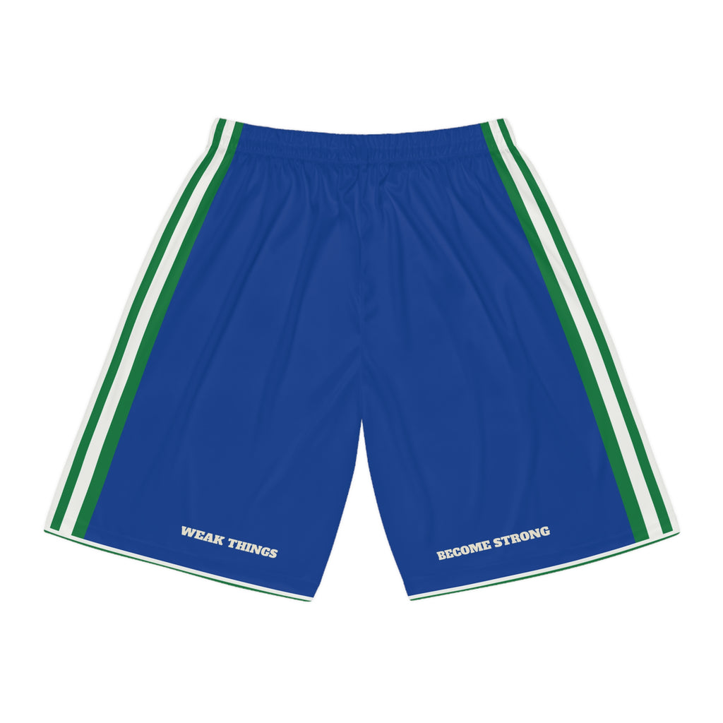 Sierra Leone Bo Mission Basketball Shorts, back view with WEAK THINGS and BECOME STRONG on the legs