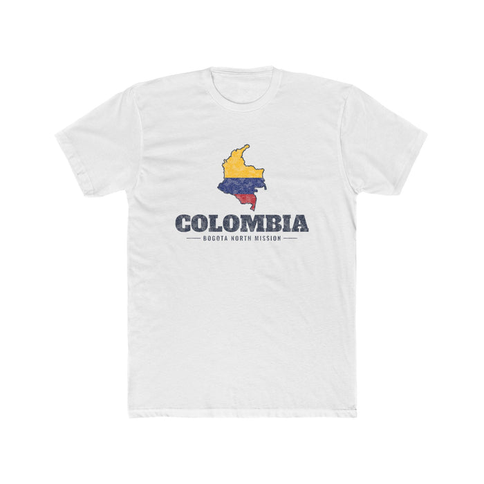 Colombia Bogota North Mission Flag Map shirt in White: flag of Colombia in the outline of Colombia with navy lettering, front view