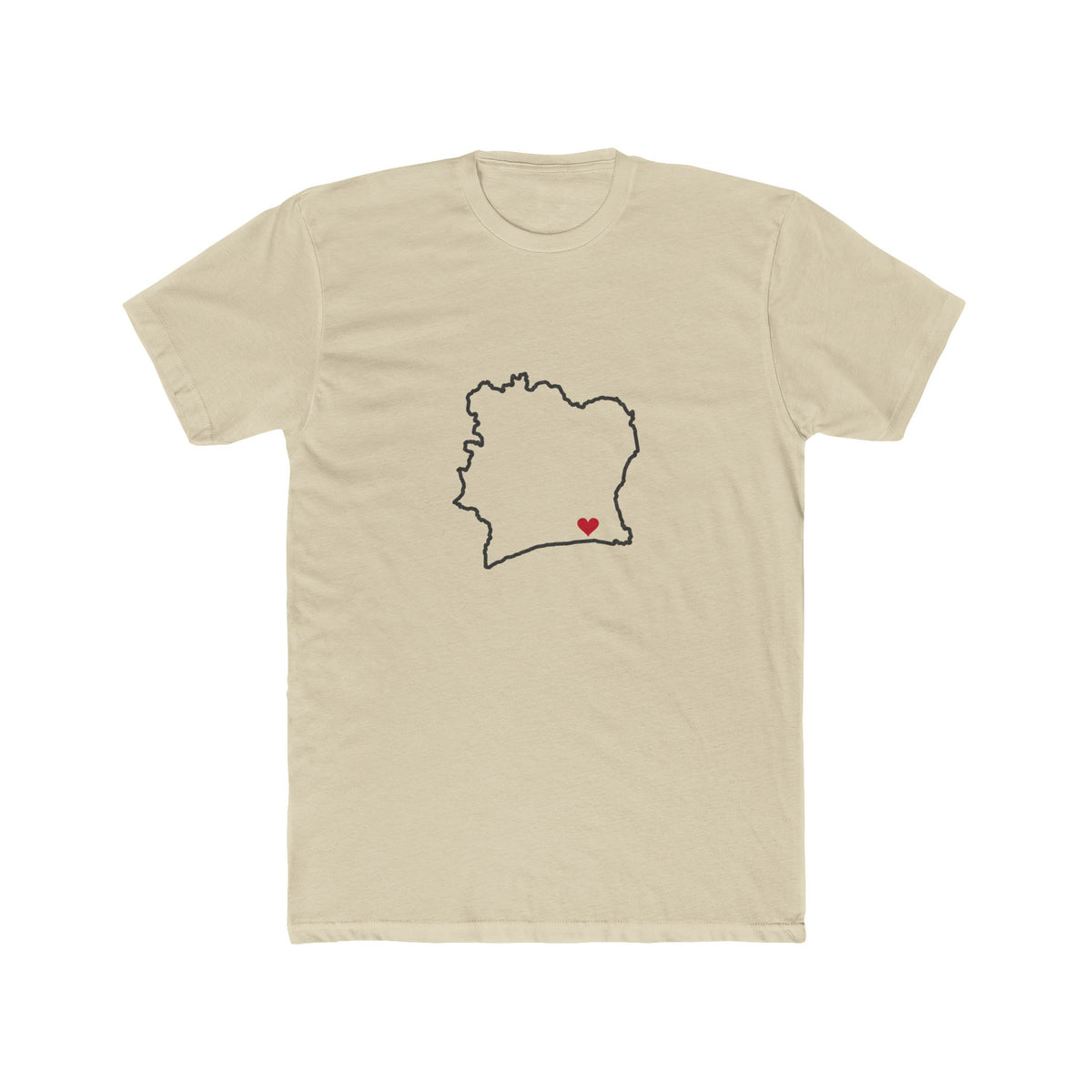 Cote d'Ivoire Abidjan West Mission Heart Map shirt in Cream: Cote d'Ivoire outline with a red heart, front view