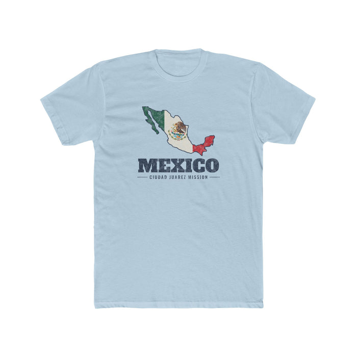Mexico Ciudad Juarez Mission Flag Map shirt in Light Blue: flag of Mexico in the outline of Mexico with navy lettering, front view