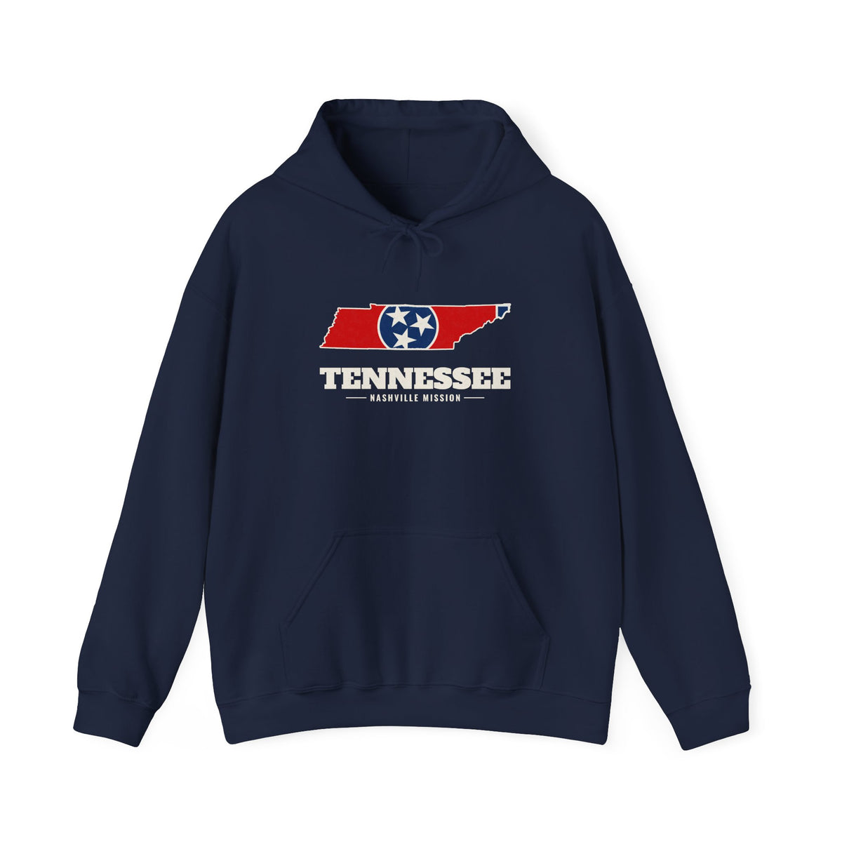 Tennessee Nashville Mission Flag Map Hoodie in Navy, front view with the flag map and mission name