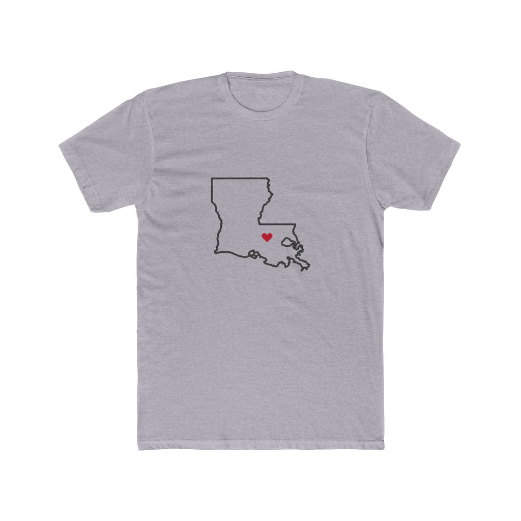 Louisiana Baton Rouge Mission Heart Map shirt in Heather Grey: Louisiana outline with a red heart, front view