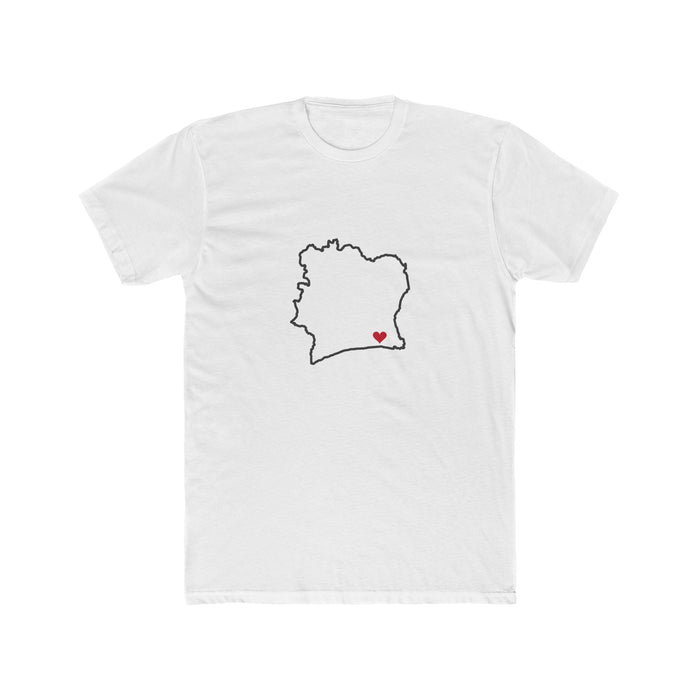 Cote d'Ivoire Abidjan North Mission Heart Map shirt in White: Cote d'Ivoire outline with a red heart, front view