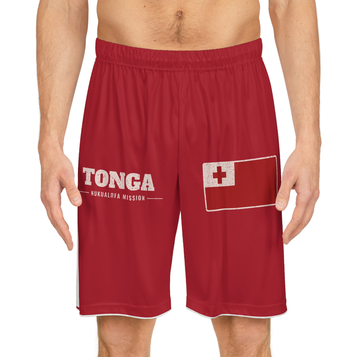 Tonga Nukualofa Mission Basketball Shorts, worn, front view