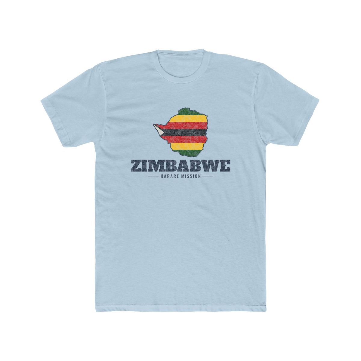 Zimbabwe Harare Mission Flag Map shirt in Desert Pink: flag of Zimbabwe in the outline of Zimbabwe with navy lettering, front view
