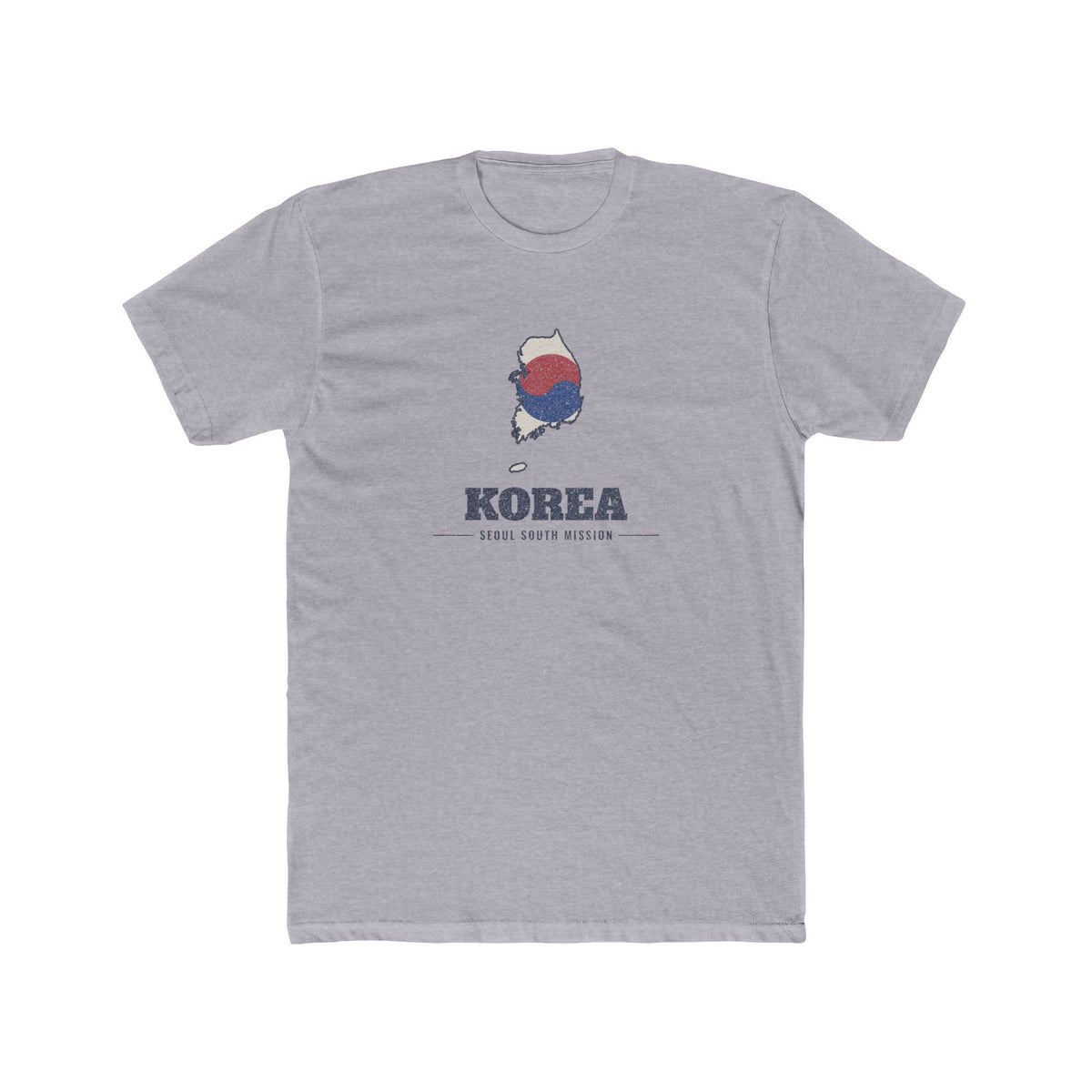 Korea Seoul South Mission Flag Map shirt in Heather Grey: flag of South Korea in the outline of South Korea with navy lettering, front view