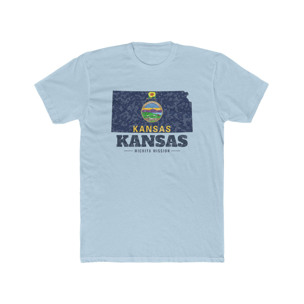 Kansas Wichita Mission Flag Map shirt in Desert Pink: Kansas state flag in the outline of Kansas with navy lettering, front view