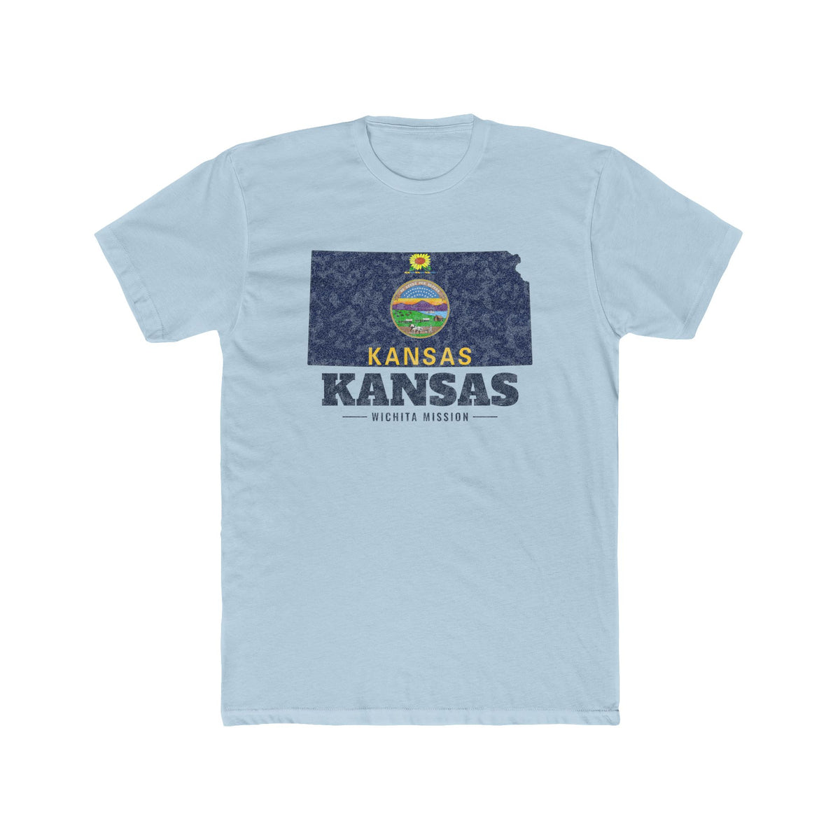Kansas Wichita Mission Flag Map shirt in Desert Pink: Kansas state flag in the outline of Kansas with navy lettering, front view