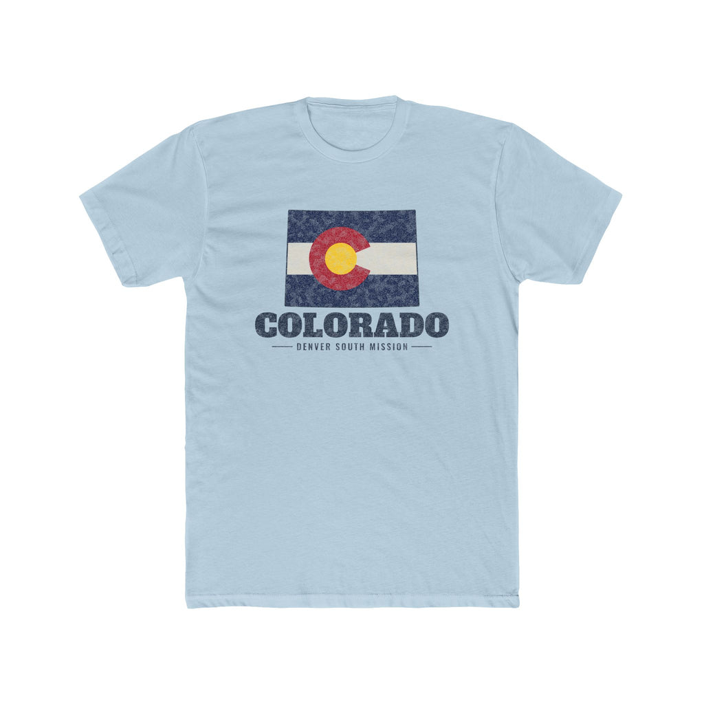 Colorado Denver South Mission Flag Map shirt in Desert Pink: Colorado state flag in the outline of Colorado with navy lettering, front view