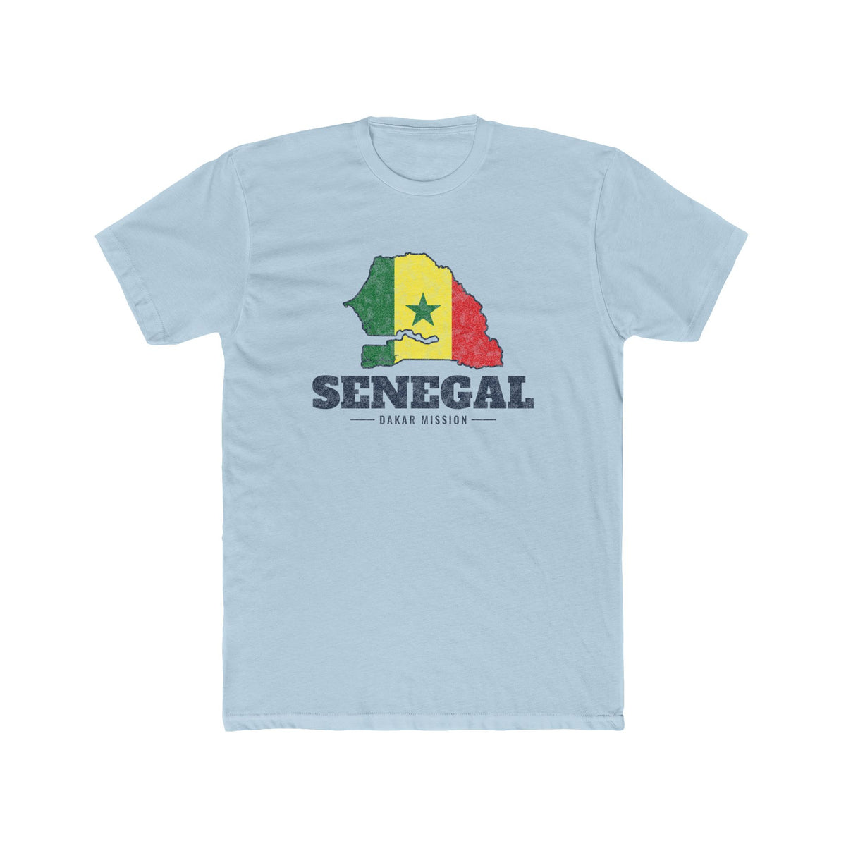 Senegal Dakar Mission Flag Map shirt in Desert Pink: flag of Senegal in the outline of Senegal with navy lettering, front view
