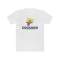 Ecuador Quito West Mission Flag Map shirt in White: flag of Ecuador in the outline of Ecuador with navy lettering, front view