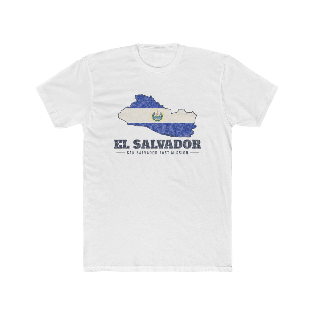 El Salvador San Salvador East Mission Flag Map shirt in White: flag of El Salvador in the outline of El Salvador with navy lettering, front view