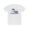 El Salvador San Salvador East Mission Flag Map shirt in White: flag of El Salvador in the outline of El Salvador with navy lettering, front view