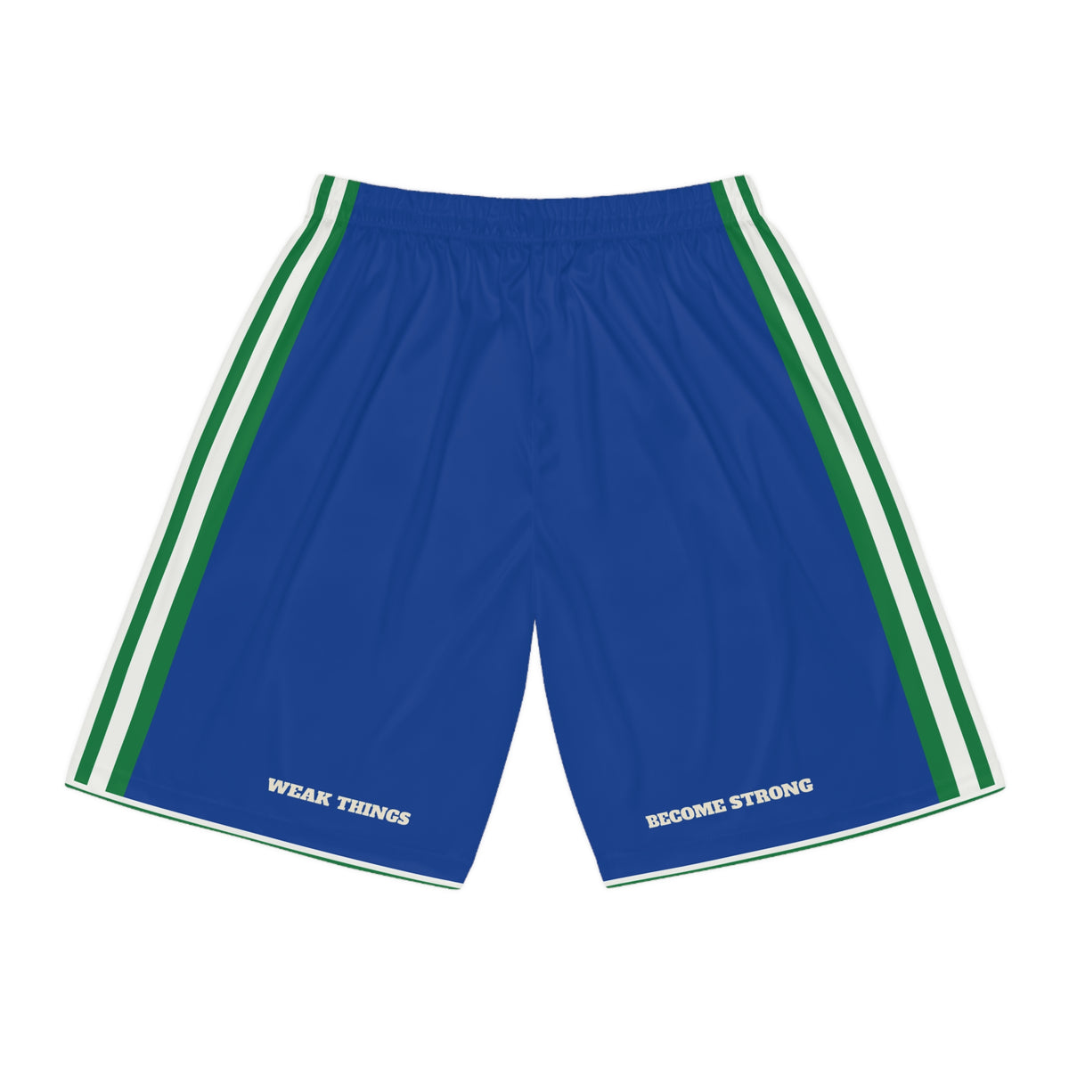 Sierra Leone Freetown Mission Basketball Shorts, back view with WEAK THINGS and BECOME STRONG on the legs
