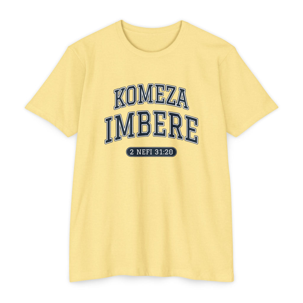 Press Forward shirt in Kinyarwanda on Banana Cream: “KOMEZA IMBERE”, 2 Nefi 31:20