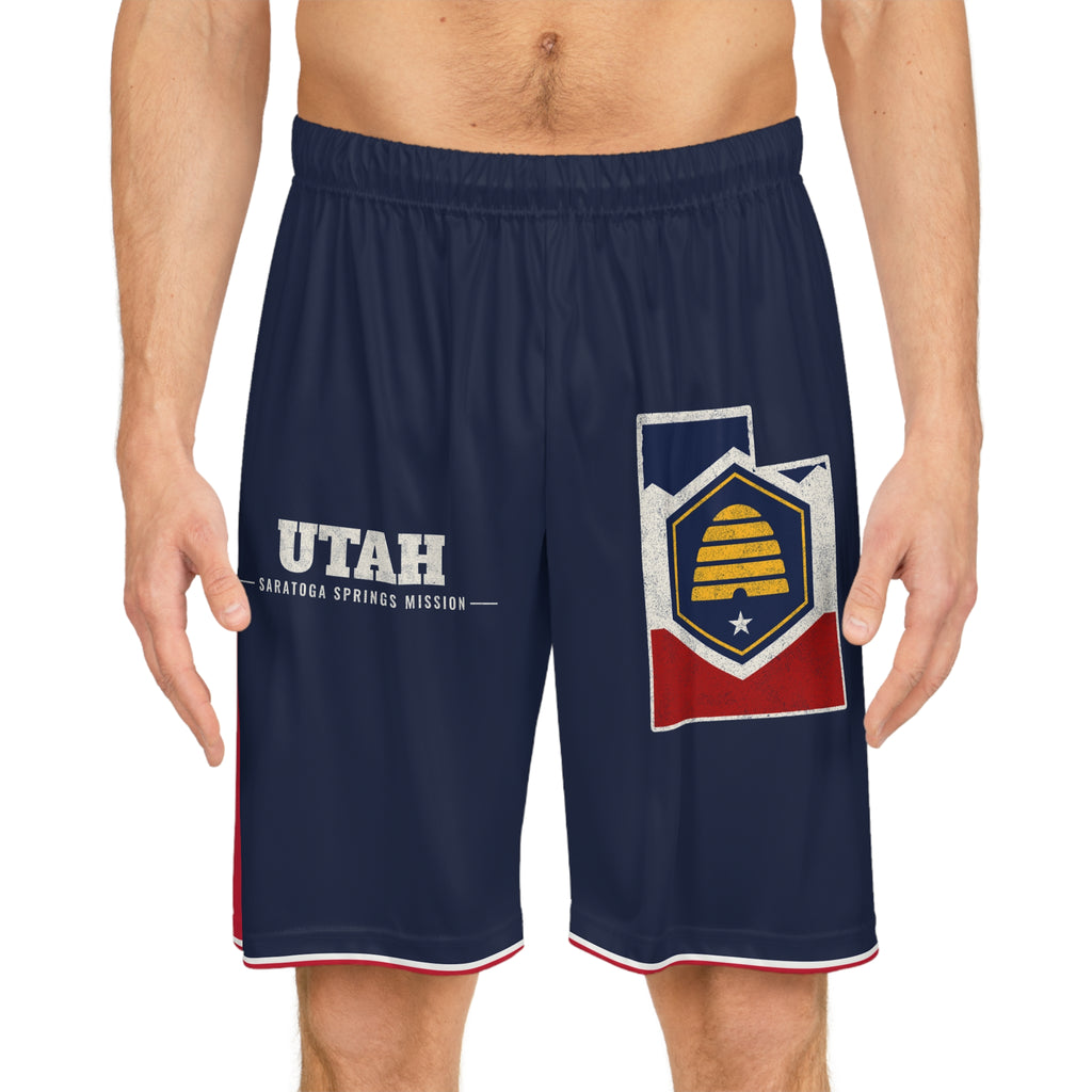 Utah Saratoga Springs Mission Basketball Shorts, worn, front view