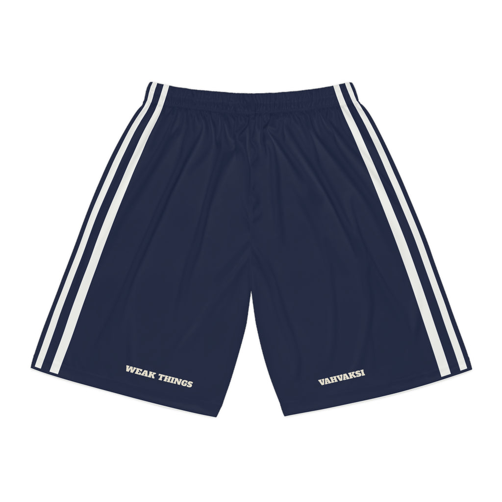 Finland Helsinki Mission Basketball Shorts, back view with WEAK THINGS and VAHVAKSI on the legs