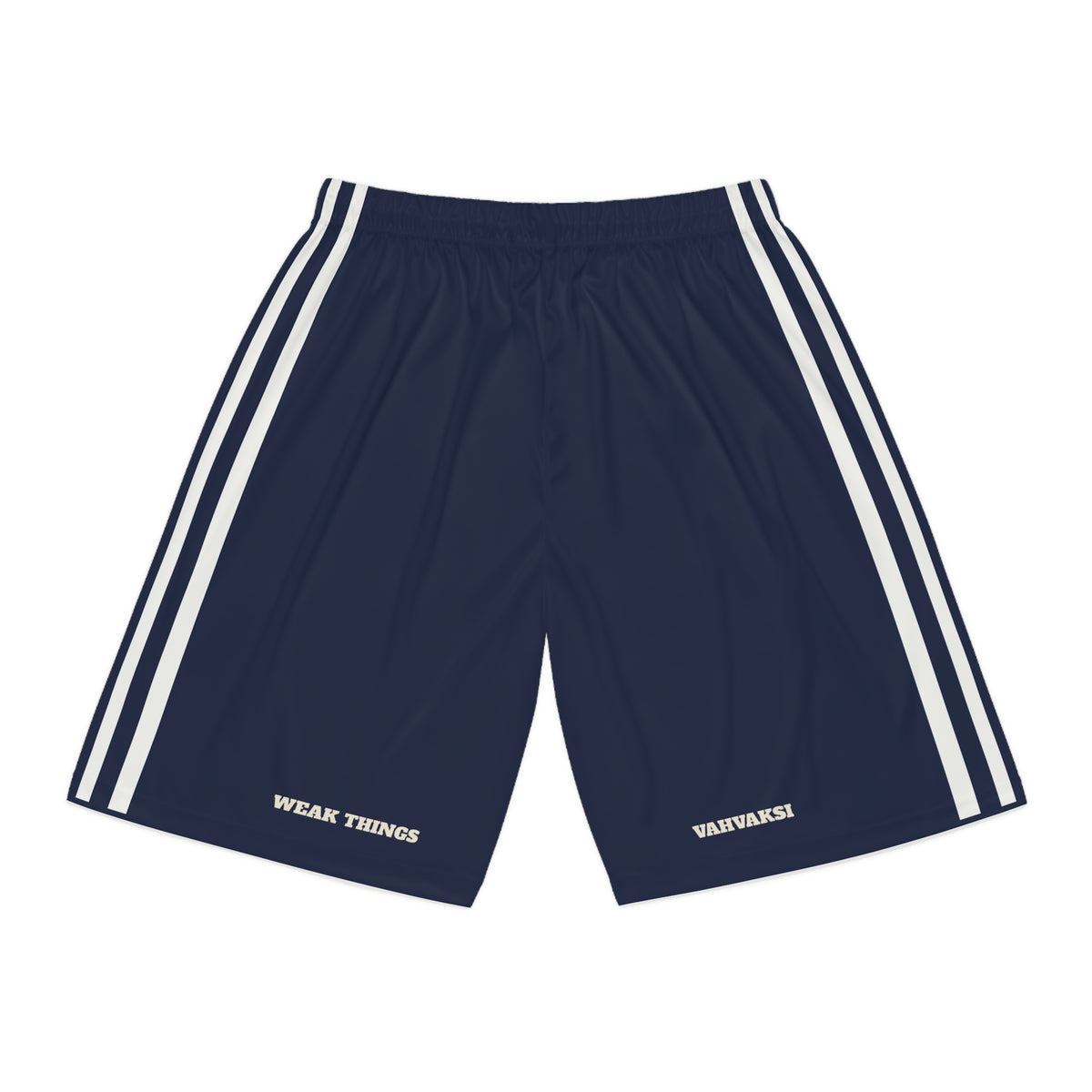 Finland Helsinki Mission Basketball Shorts, back view with WEAK THINGS and VAHVAKSI on the legs