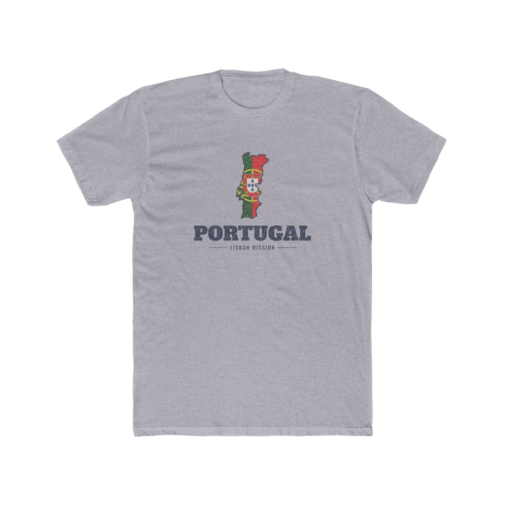 Portugal Lisbon Mission Flag Map shirt in Heather Grey: flag of Portugal in the outline of Portugal with navy lettering, front view
