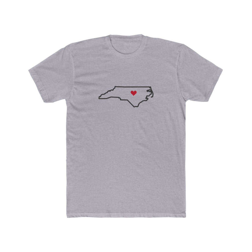 North Carolina Raleigh Mission Heart Map shirt in Heather Grey: North Carolina outline with a red heart, front view