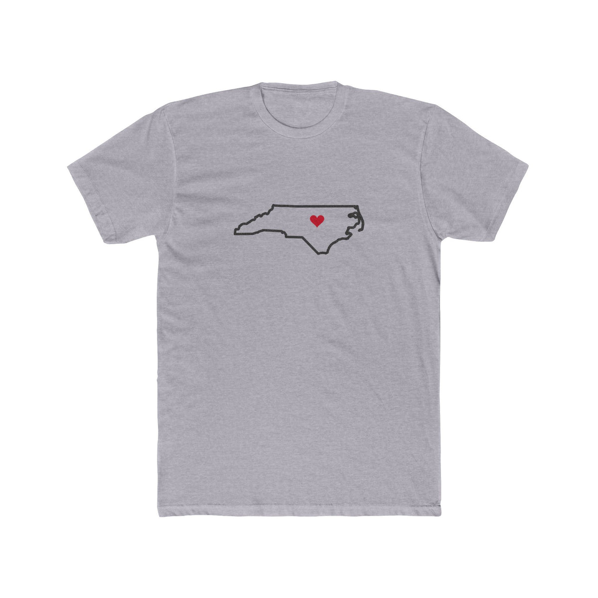 North Carolina Raleigh Mission Heart Map shirt in Heather Grey: North Carolina outline with a red heart, front view