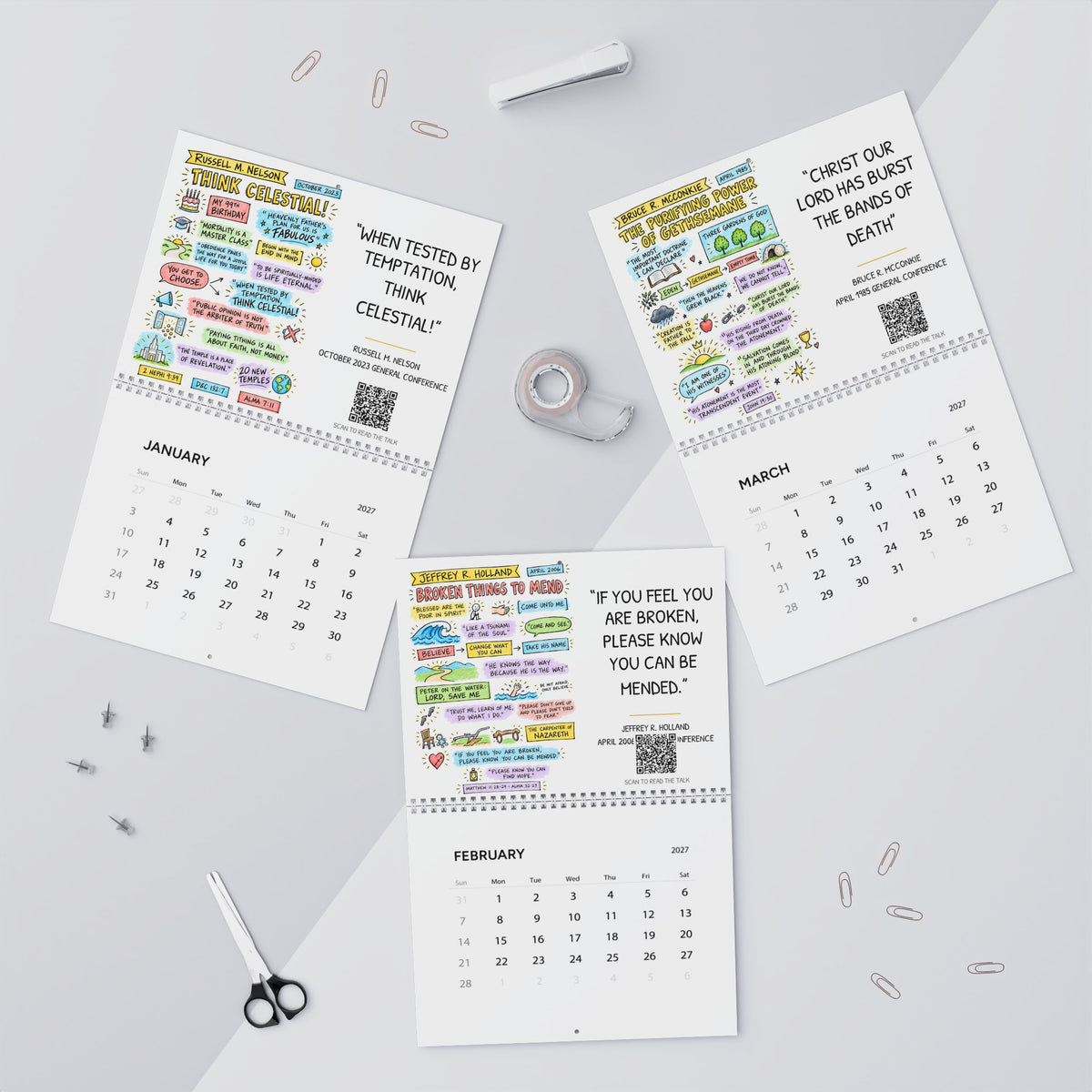 2027 Sketch Note Wall Calendar — Twelve General Conference Talks (White)