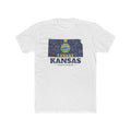 Kansas Wichita Mission Flag Map shirt in White: Kansas state flag in the outline of Kansas with navy lettering, front view