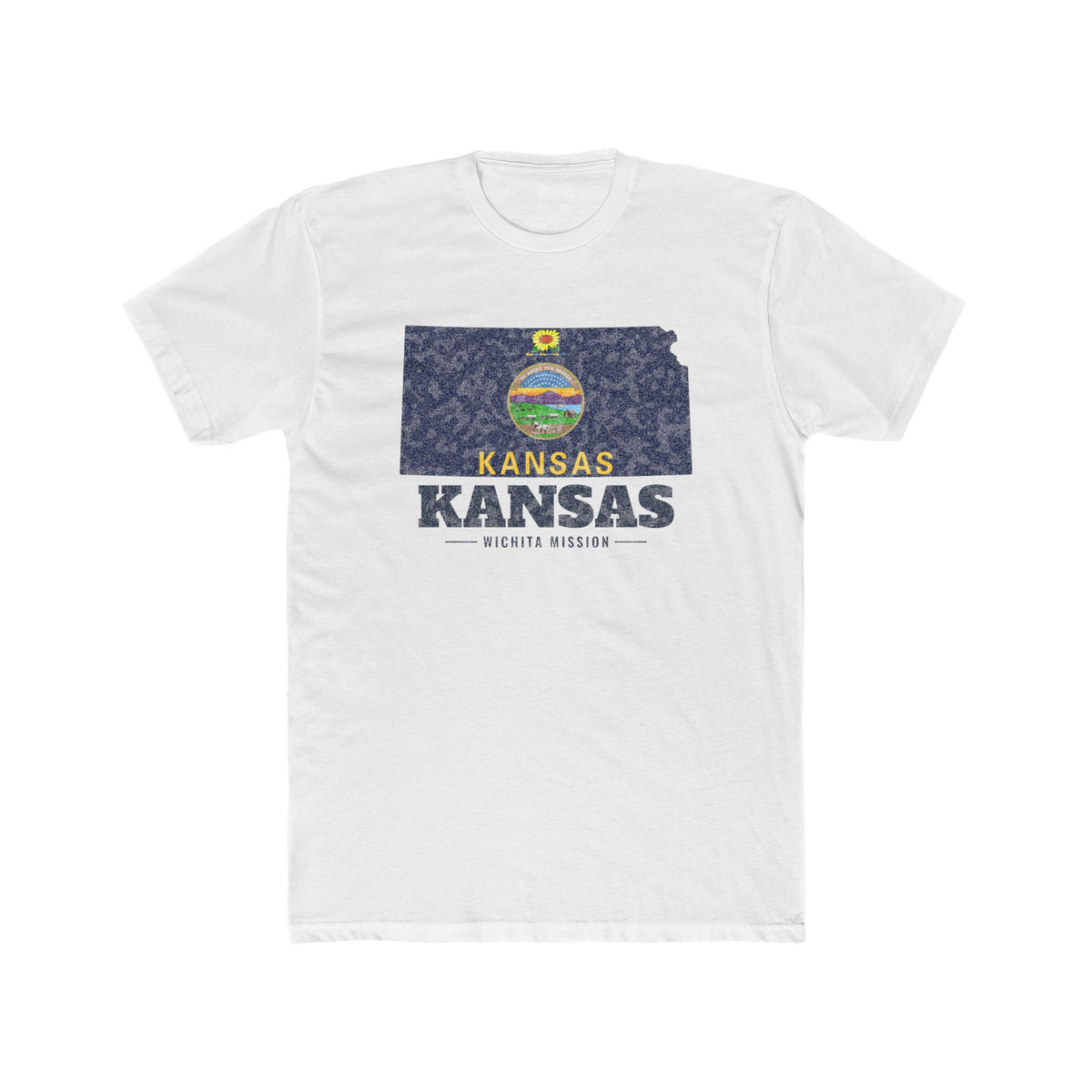 Kansas Wichita Mission Flag Map shirt in White: Kansas state flag in the outline of Kansas with navy lettering, front view
