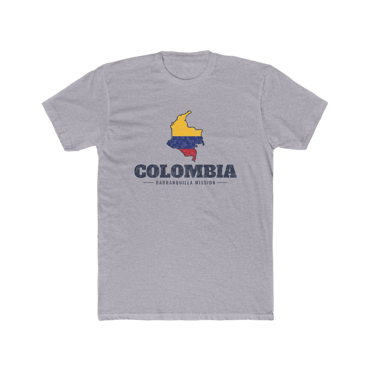 Colombia Barranquilla Mission Flag Map shirt in Heather Grey: flag of Colombia in the outline of Colombia with navy lettering, front view
