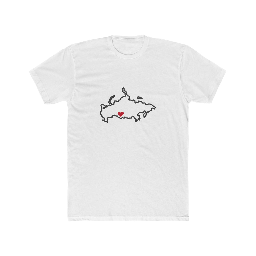 Russia Novosibirsk Mission Heart Map shirt in White: Russia outline with a red heart, front view