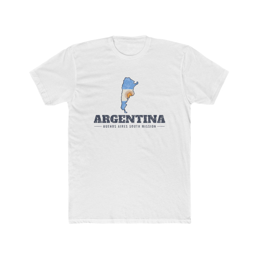 Argentina Buenos Aires South Mission Flag Map shirt in White: flag of Argentina in the outline of Argentina with navy lettering, front view